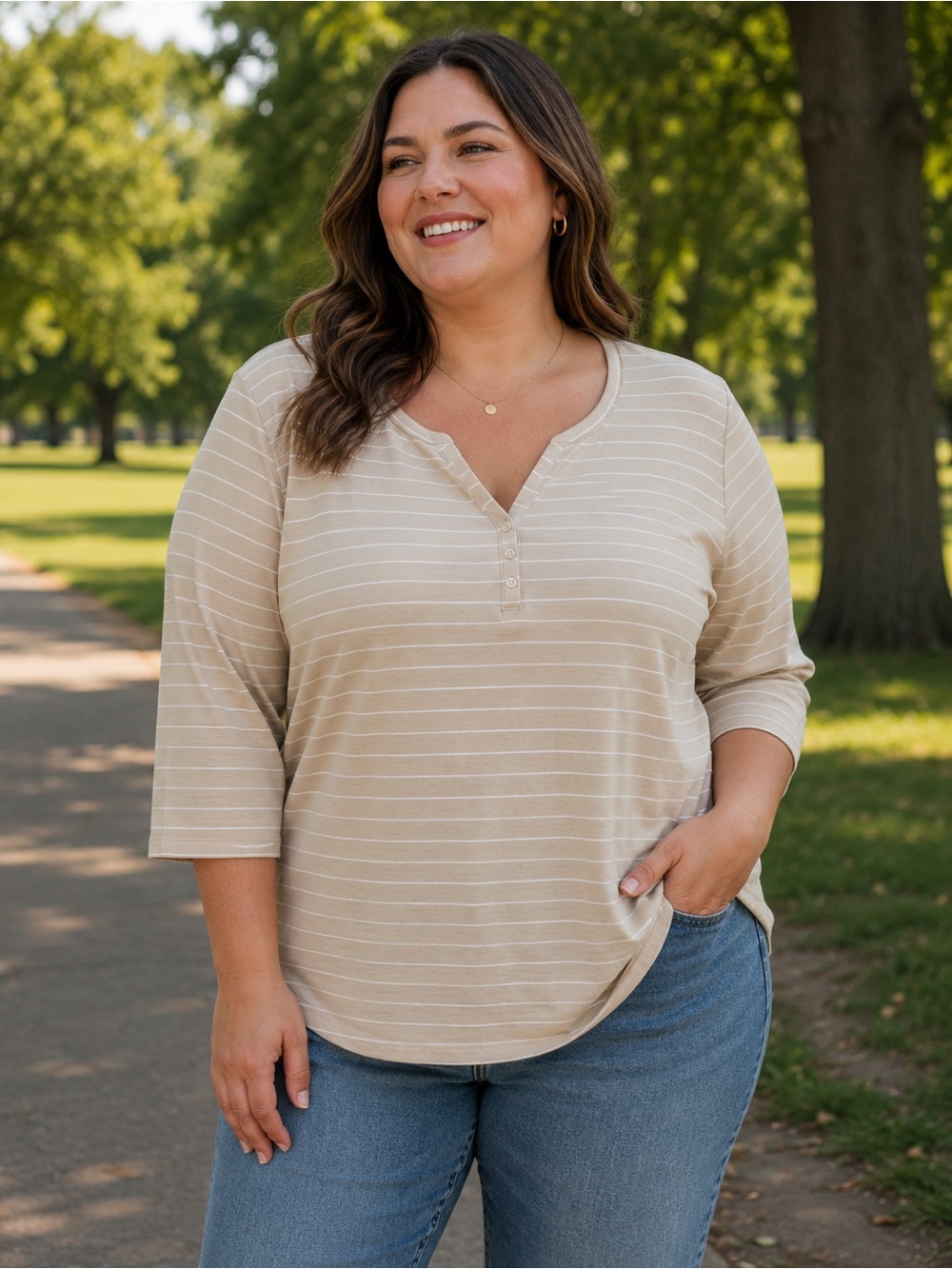 Karen Scott Beige Striped Henley Top